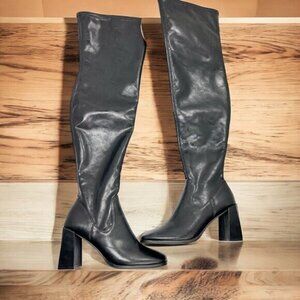 Open Edit Briar Black Faux Leather Square Toe Over Knee Boots Size 7M NWOB